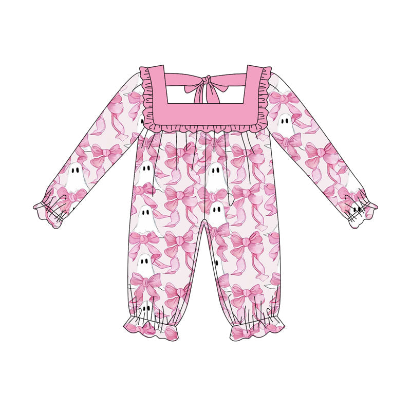 ( Moq 5 ) Preorder Baby Girl Long Sleeves Pink Bows Ghosts Halloween Romper