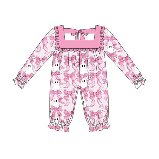 ( Moq 5 ) Preorder Baby Girl Long Sleeves Pink Bows Ghosts Halloween Romper