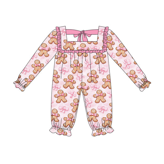 ( Moq 5 ) Preorder Baby Girl Long Sleeves Bows Gingerbread Christmas Pink Romper