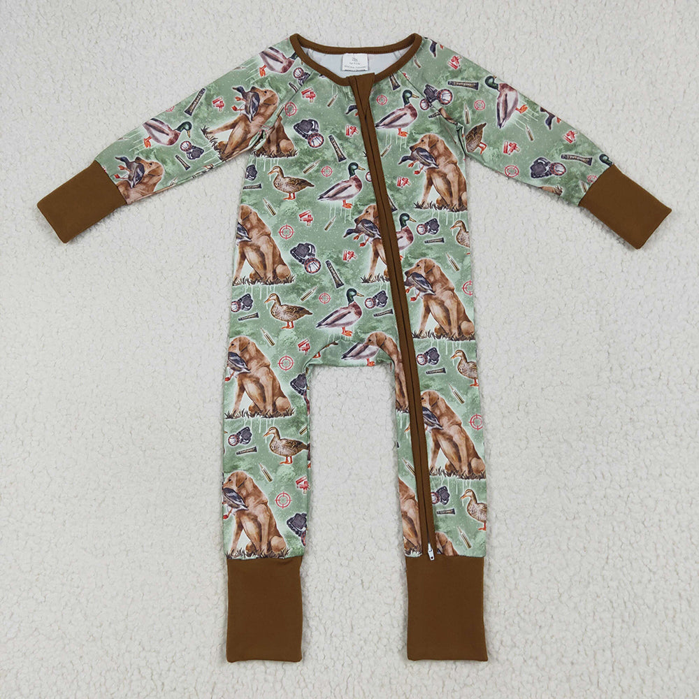 Baby Boy Green Long Sleeves Dogs Ducks Sibling Hunting Romper Pajamas Set RTS