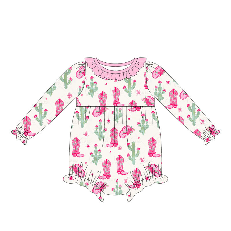 ( Moq 5 ) Preorder Baby Girl Long Sleeves Pink Boots Cactus Bubble Romper