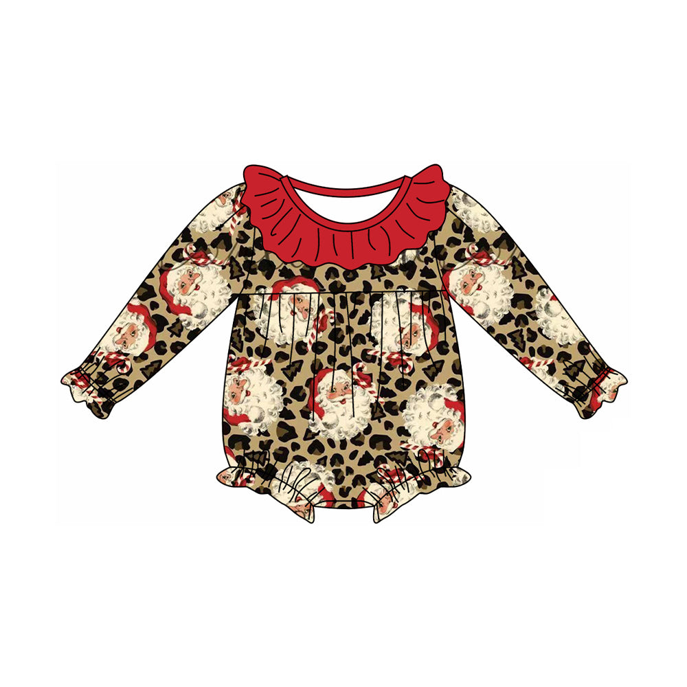 Baby Girl Long Sleeves Leopard Santa Christmas Ruffle Romper RTS