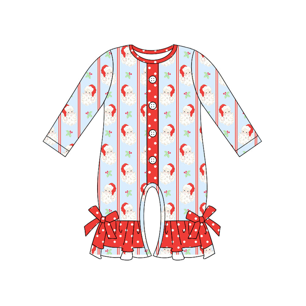 ( Moq 5 ) Preorder Baby Girl Long Sleeves Buttons Santa Stripes Christmas Ruffle Romper