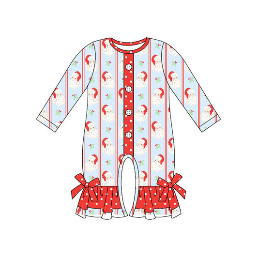 ( Moq 5 ) Preorder Baby Girl Long Sleeves Buttons Santa Stripes Christmas Ruffle Romper