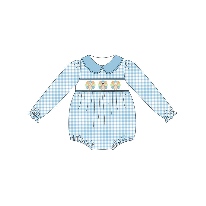 ( Moq 5 ) Preorder Baby Girl Long Sleeves turkey Blue Plaid Romper