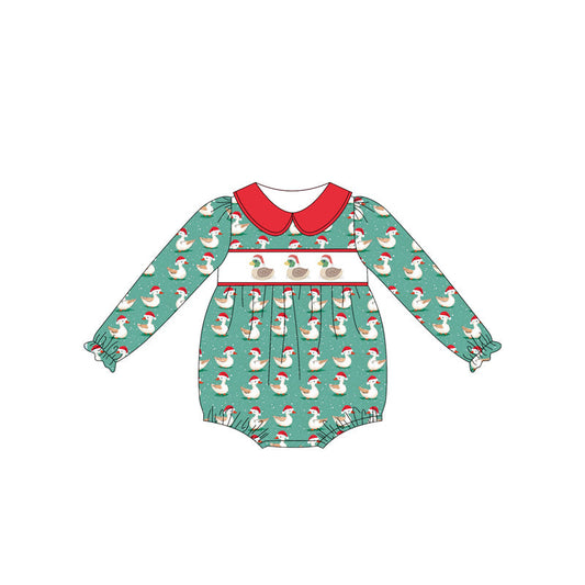 ( Moq 5 ) Preorder Baby Girl Long Sleeves Ducks Green Plaid Christmas Bubble Romper