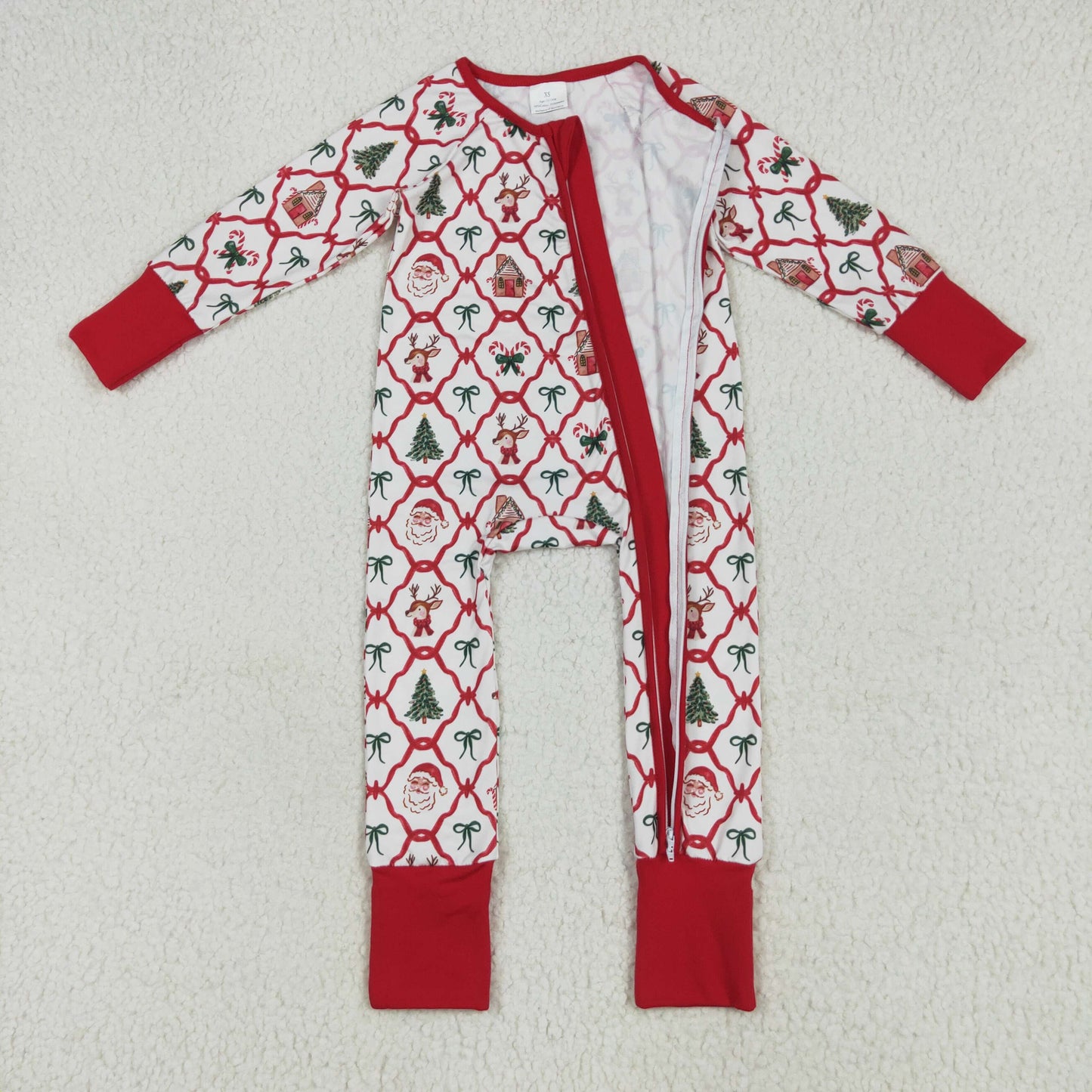 Sibling Baby Boys Girls Kids Christmas Bows Santa Two-way Zipper Footie Sleeper Rompers RTS