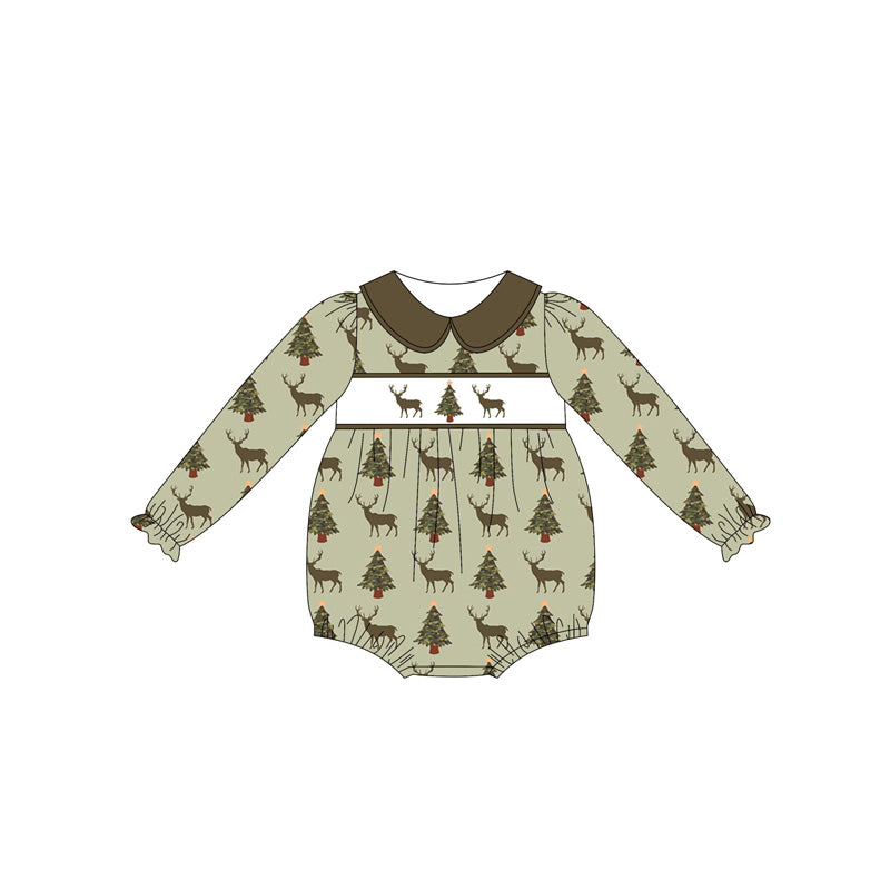 ( Moq 5 ) Preorder Baby Girl Long Sleeves Deer Trees Green Bubble Romper