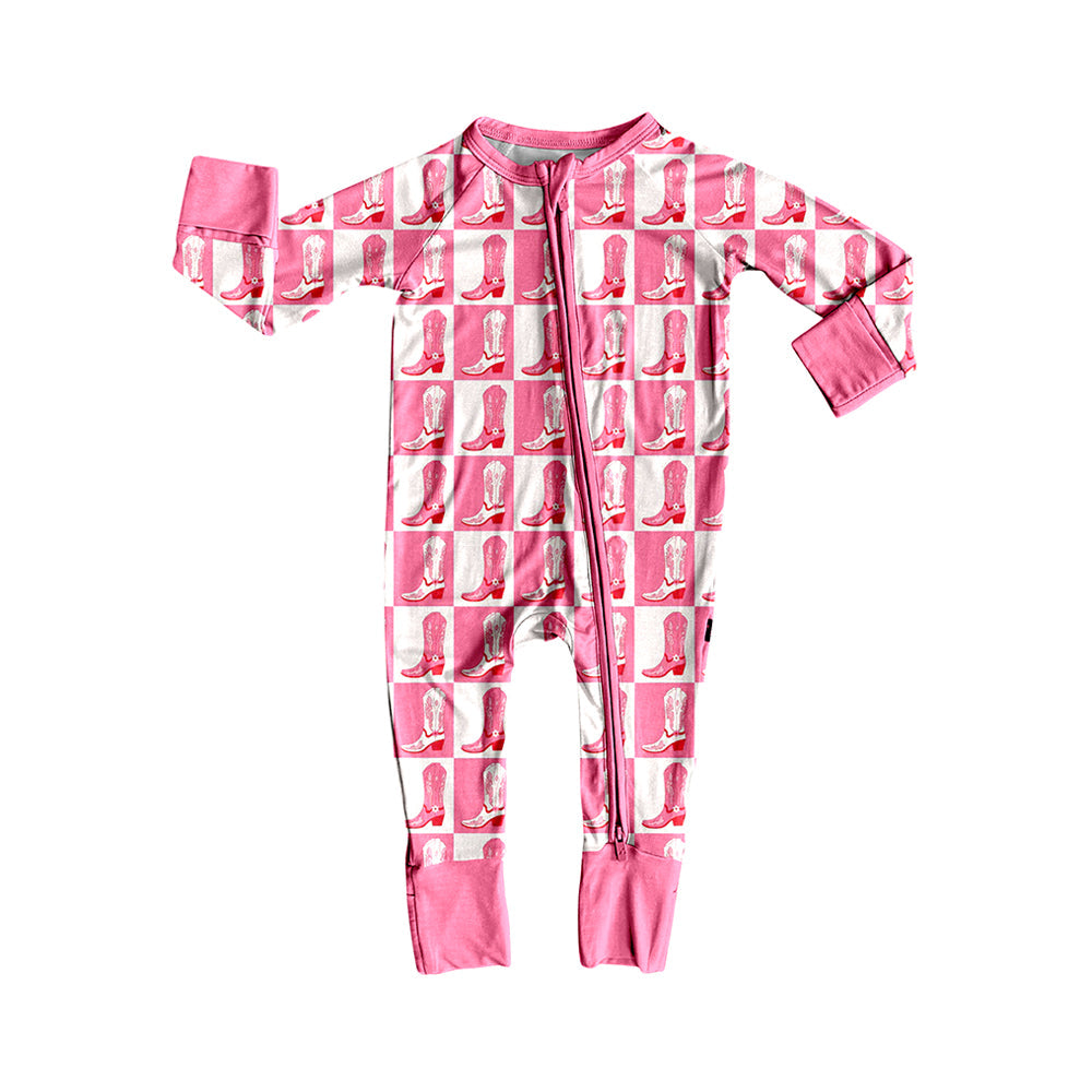 ( Moq 5 ) Preorder Baby Girl Long Sleeves Western Boots Zipper Pink Romper