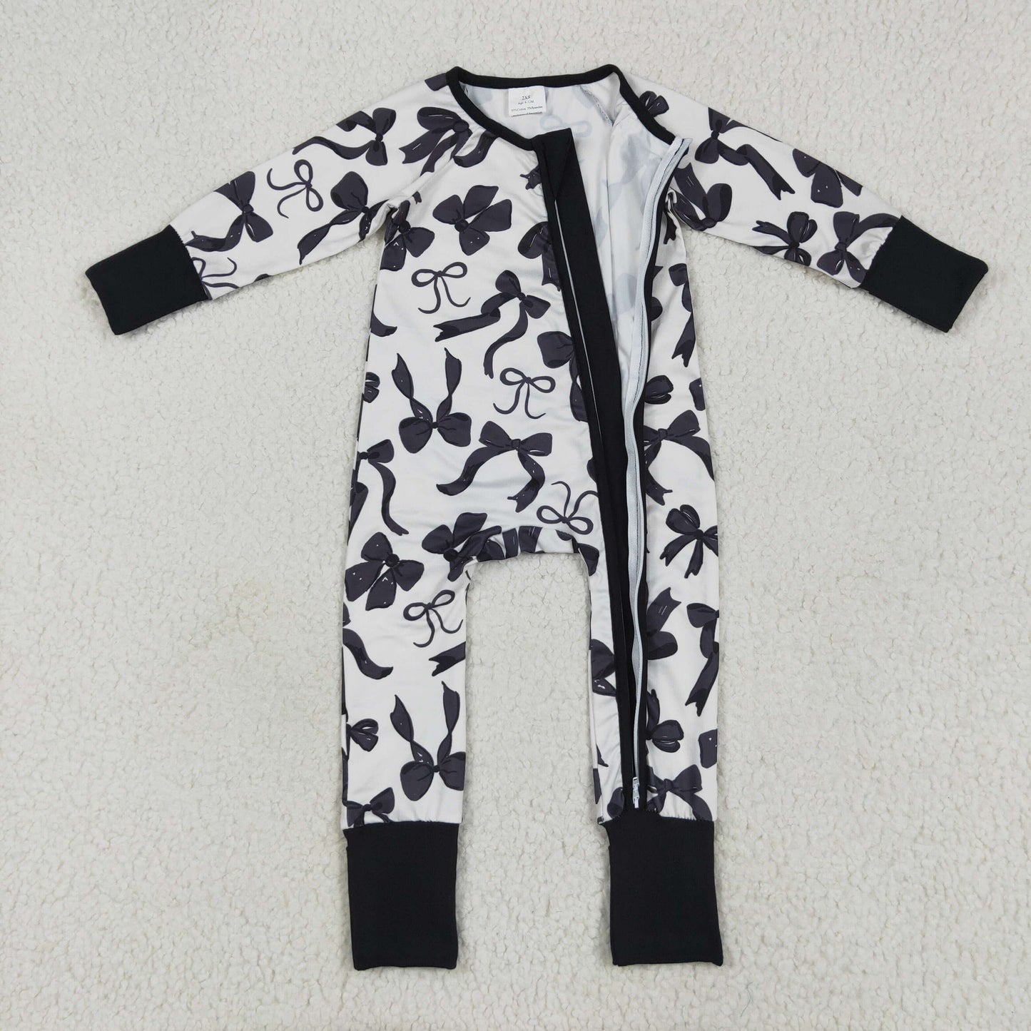 Sibling Girls Kids Long Sleeves Black Bows Blanket Footie Zipper Romper Pajamas Set RTS