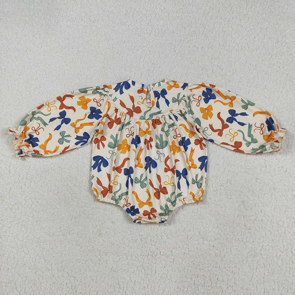 Baby Girl Long Sleeves Embroidery Thankful Colorful Bows Sibling Smocked Fall Romper Dress RTS