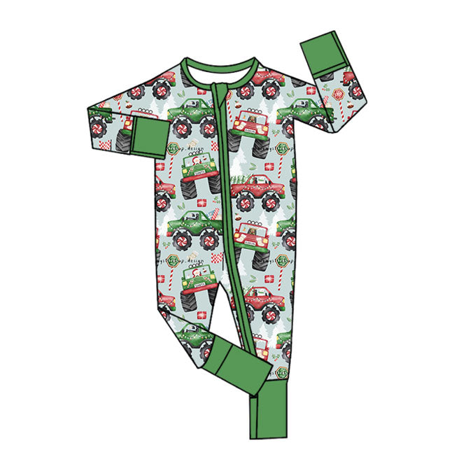 ( Moq 5 ) Preorder Baby Girl Long Sleeves Trucks Santa Christmas Zipper Green Romper