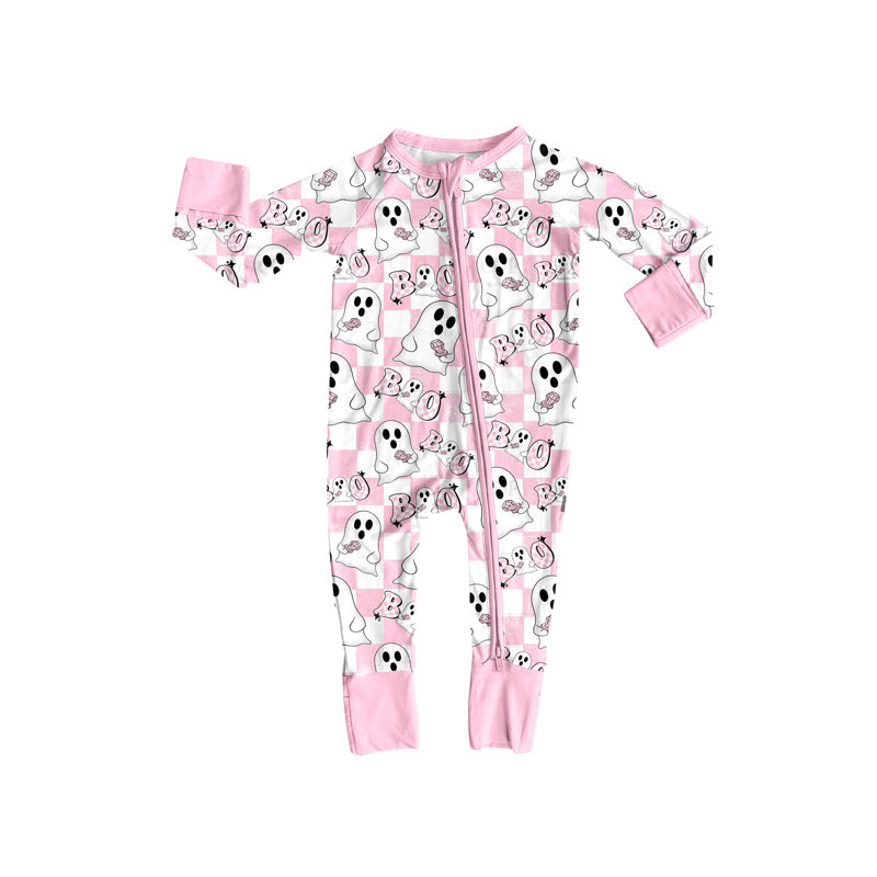 ( Moq 5 ) Preorder Baby Girl Long Sleeves Halloween Ghost Pink Plaid Zipper Romper