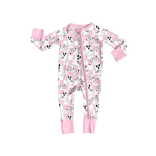 ( Moq 5 ) Preorder Baby Girl Long Sleeves Halloween Ghost Pink Plaid Zipper Romper