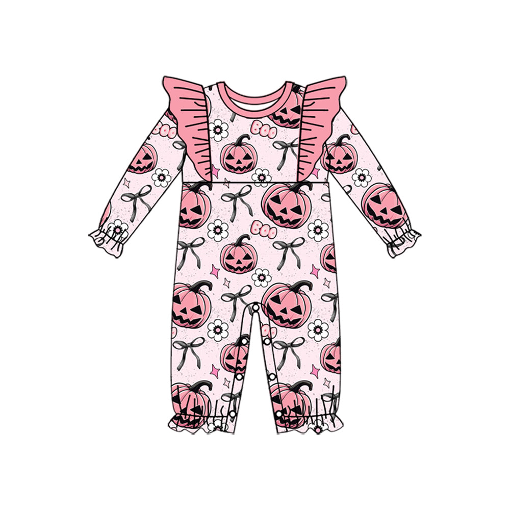 ( Moq 5 ) Preorder Baby Girl Long Sleeves Pumpkin Flower Bows Halloween Romper