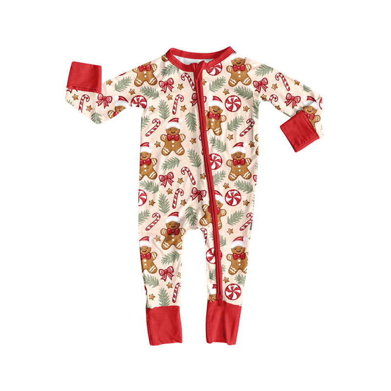 ( Moq 5 ) Preorder Baby Girl Long Sleeves Christmas Gingerbread Candy Cane Zipper Romper