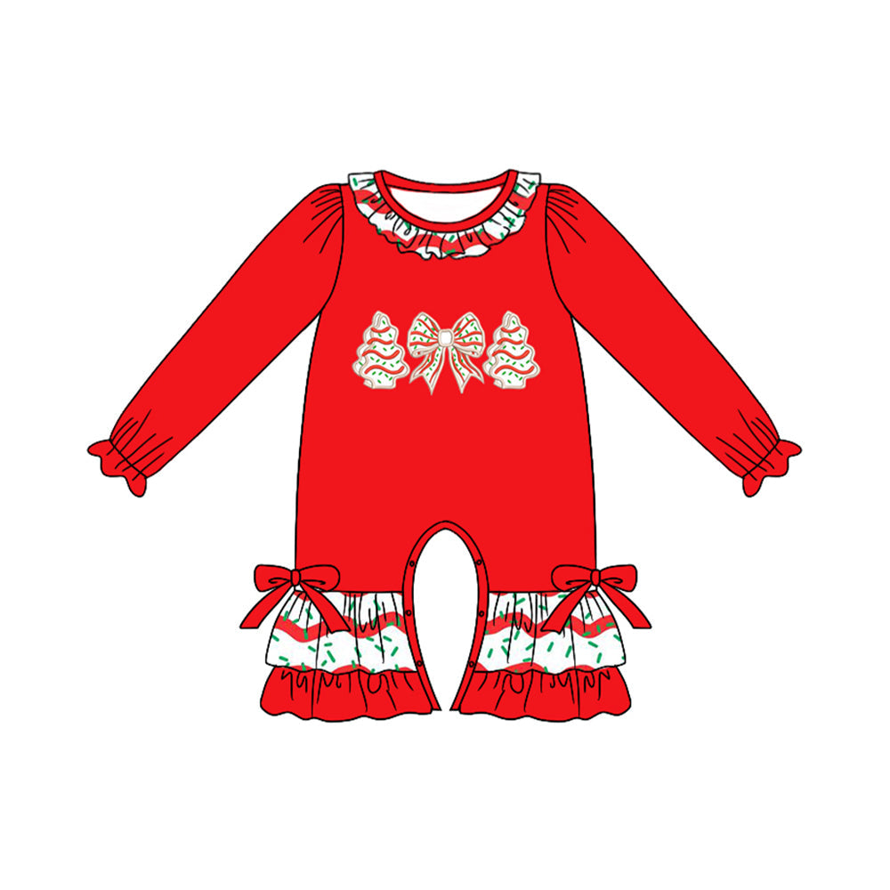 ( Moq 5 ) Preorder Baby Girl Red Long Sleeves Bows Cake Tree Christmas Ruffle Romper
