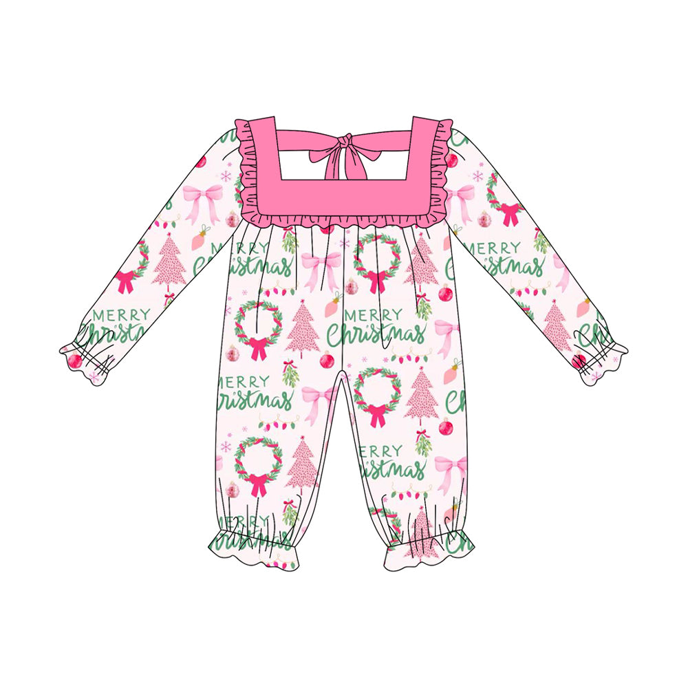 ( Moq 5 ) Preorder Baby Girl Long Sleeves Merry Christmas Trees Bows Ruffle Romper
