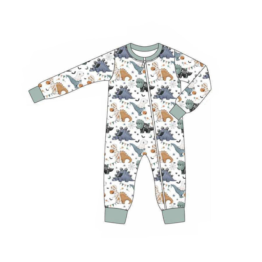 ( Moq 5 ) Preorder Baby Boy Long Sleeves Halloween Pumpkins Dinosaurs Zipper Romper
