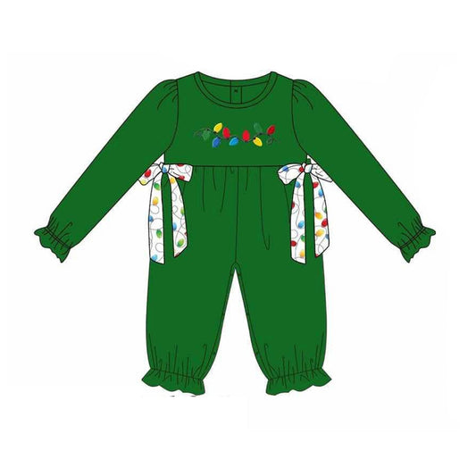 ( Moq 5 ) Preorder Baby Girl Green Long Sleeves Lights Bows Pants Christmas Romper