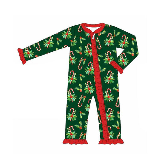 ( Moq 5 ) Preorder Baby Girl Long Sleeves Candy Cane Ruffle Zipper Christmas Romper