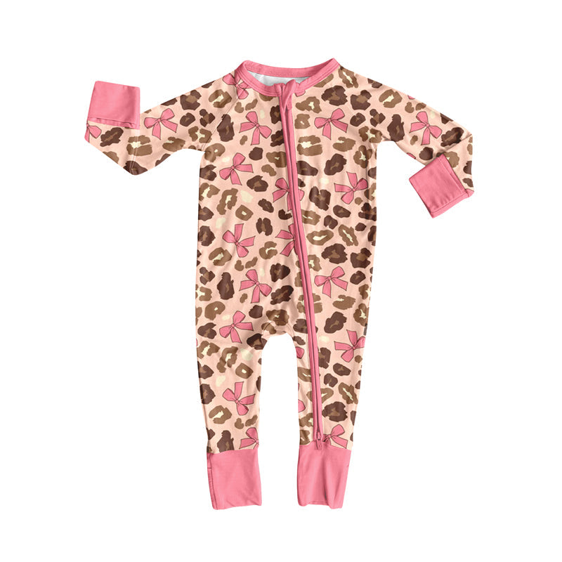 ( Moq 5 ) Preorder Baby Girl Long Sleeves Pink Bows Leopard Zipper Romper
