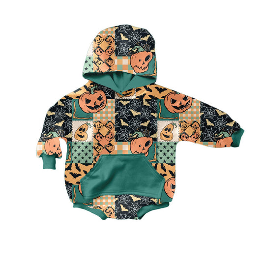 ( Moq 5 ) Preorder Baby Boy Long Sleeves Ghost Pumpkins Pocket Green Hoodie Halloween Romper