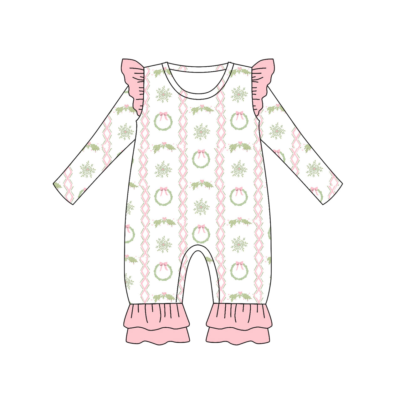 ( Moq 5 ) Preorder Baby Girl Long Sleeves Holly Bows Pink Ruffle Christmas Romper