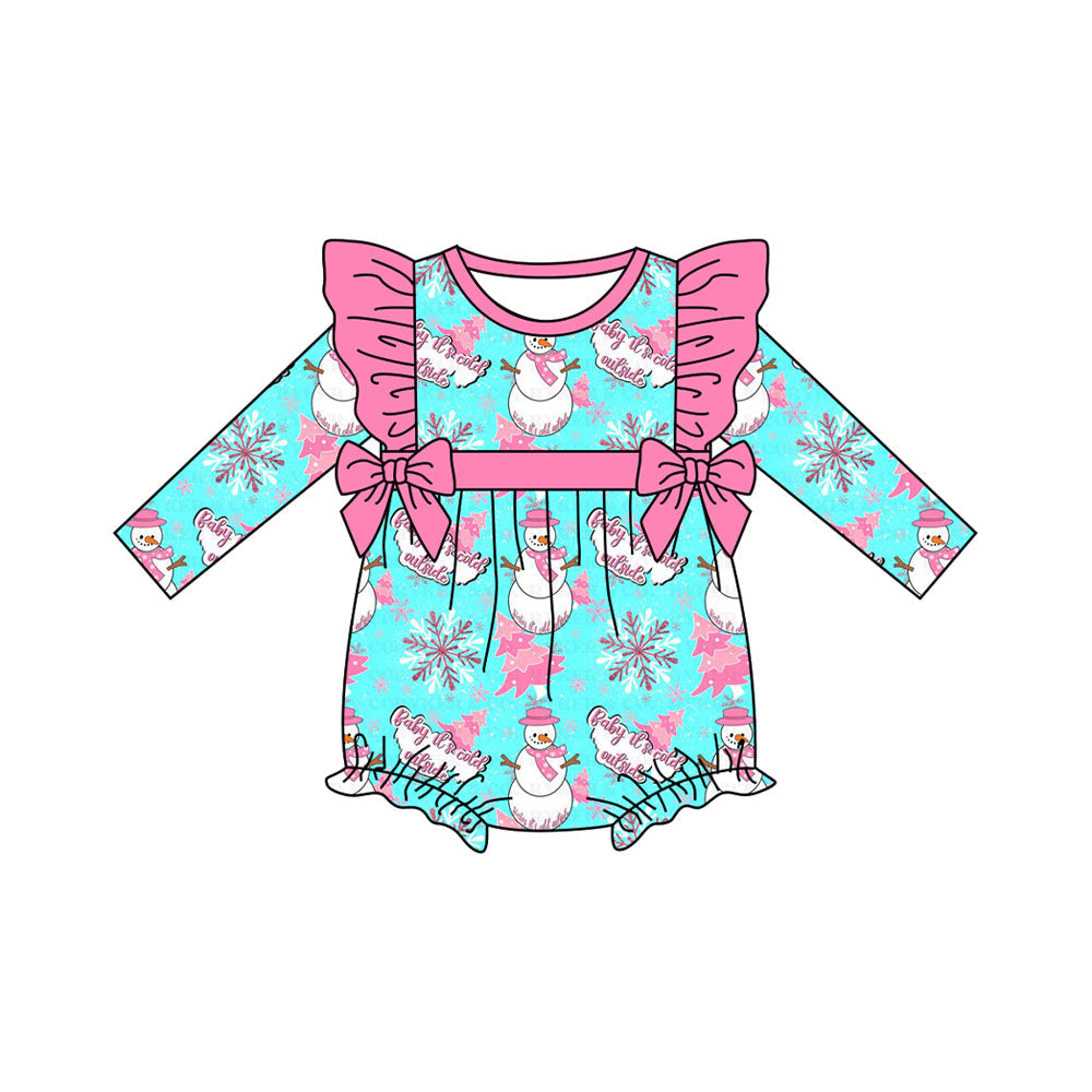 ( Moq 5 ) Preorder Baby Girl Long Sleeves Snowman Tree Pink Bows Christmas Bubble Romper