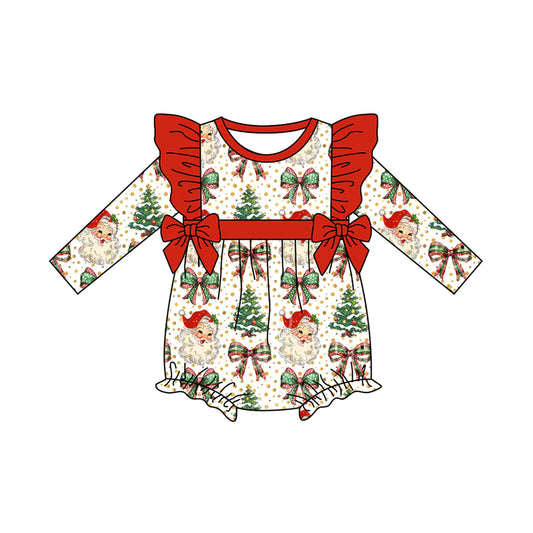 ( Moq 5 ) Preorder Baby Girl Infant Long Sleeves Santa Tree Bows Christmas Ruffle Bubble Romper