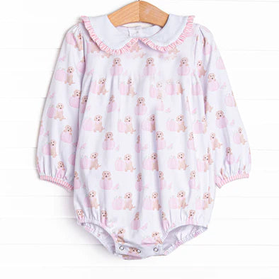 ( Moq 5 ) Preorder Baby Girl Long Sleeves Pumpkins Dogs Pink Fall Bubble Romper