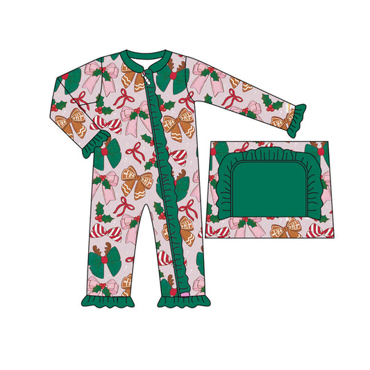 ( Moq 5 ) Preorder Baby Girl Long Sleeves Christmas Bows Holly Green Zipper Romper
