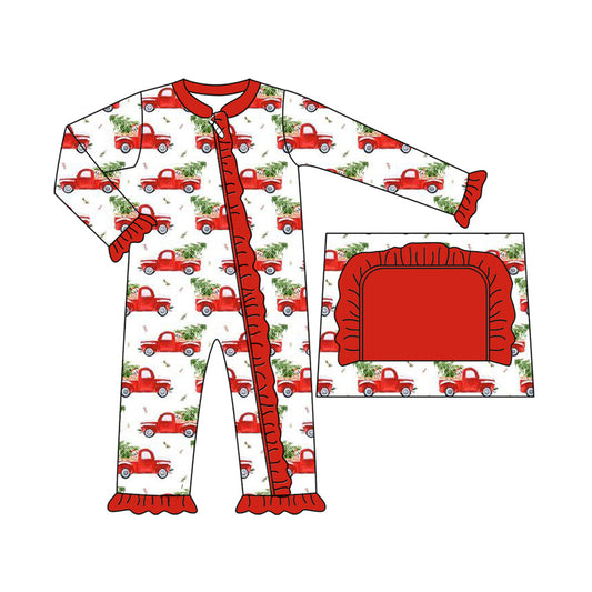 ( Moq 5 ) Preorder Baby Girl Long Sleeves Trucks Tree Christmas Red Zipper Romper