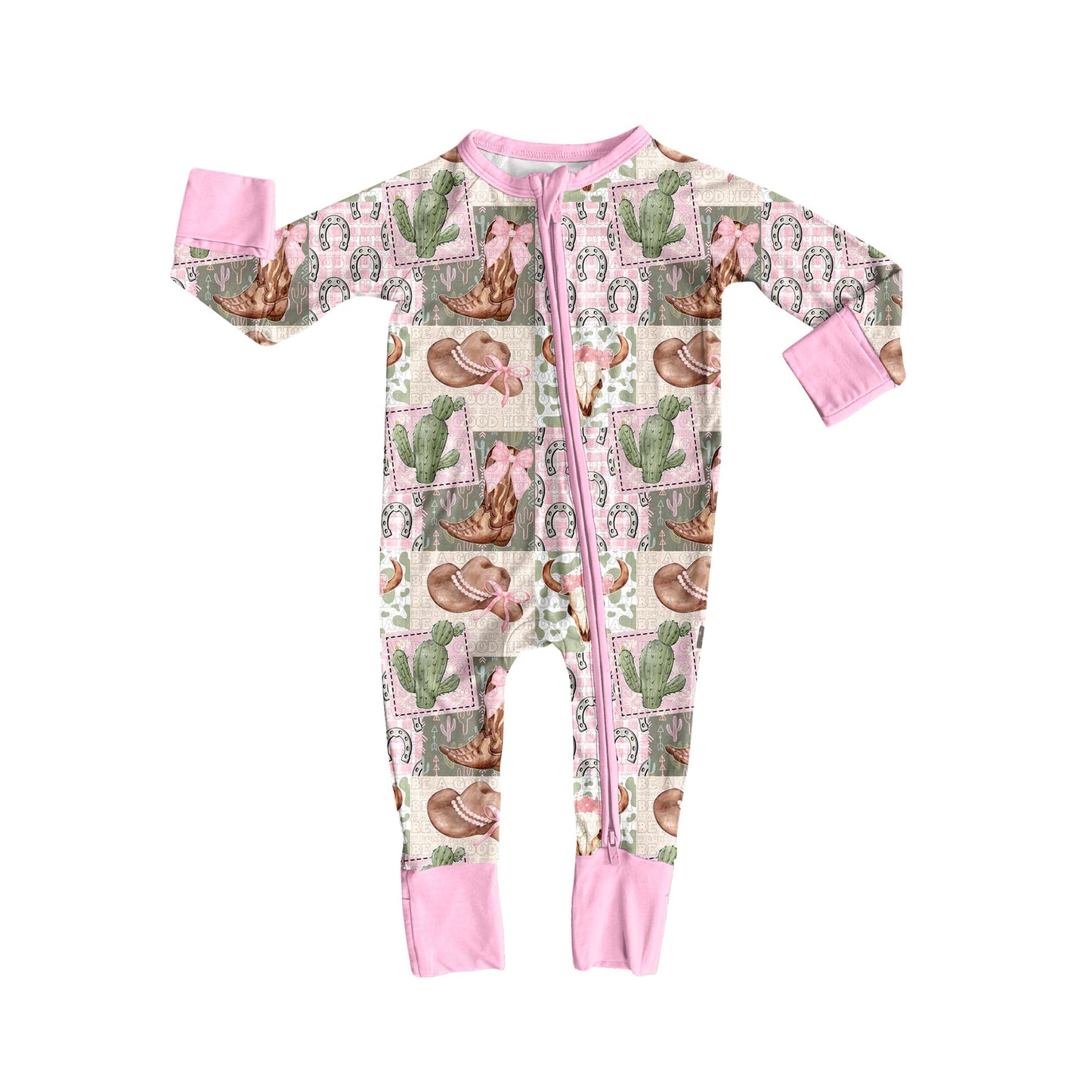 ( Moq 5 ) Preorder Baby Girl Long Sleeves Western Bows Boots Cactus Pink Zipper Romper