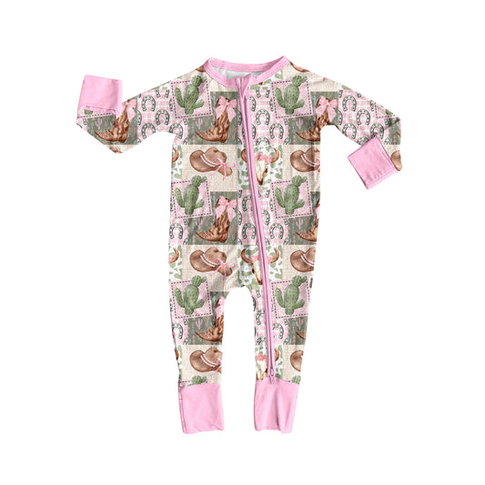 ( Moq 5 ) Preorder Baby Girl Long Sleeves Western Bows Boots Cactus Pink Zipper Romper