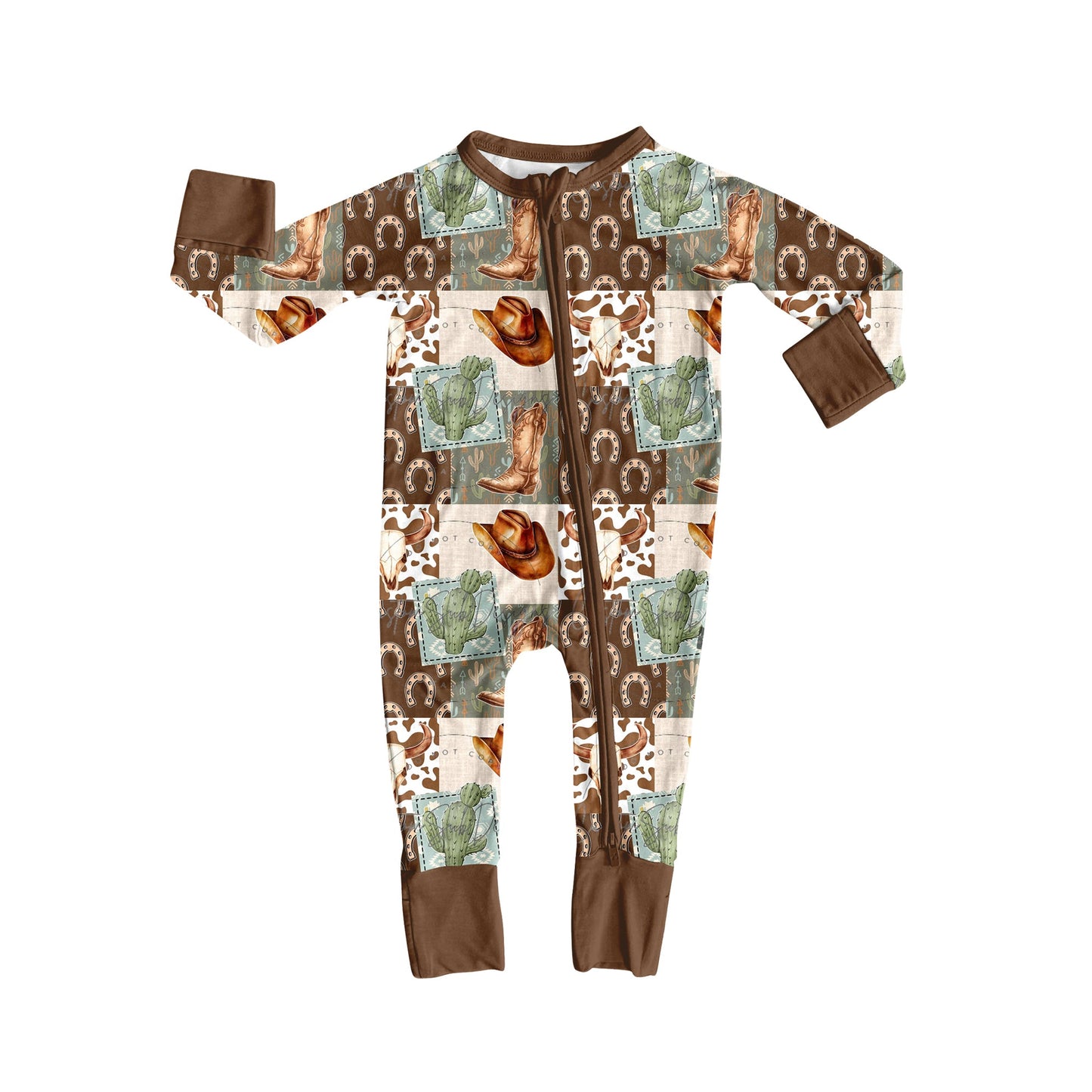 ( Moq 5 ) Preorder Baby Boy Long Sleeves Western Boots Cactus Brown Zipper Romper
