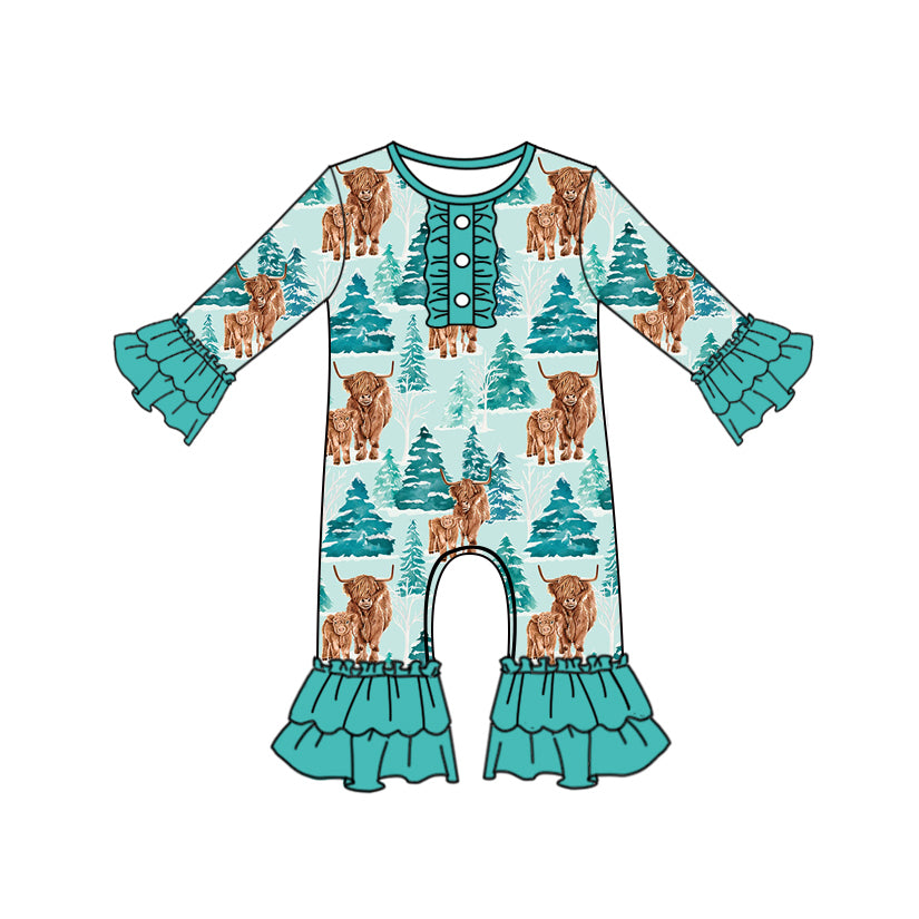 ( Moq 5 ) Preorder Baby Girl Long Sleeves Western Cows Tree Ruffle Buttons Christmas Romper