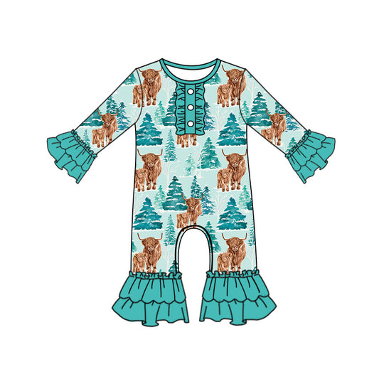 ( Moq 5 ) Preorder Baby Girl Long Sleeves Western Cows Tree Ruffle Buttons Christmas Romper