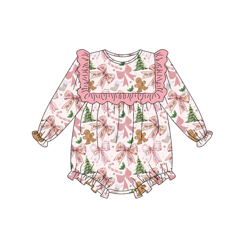 ( Moq 5 ) Preorder Baby Girl Long Sleeves Christmas Bows Trees Gingerbread Bubble Romper