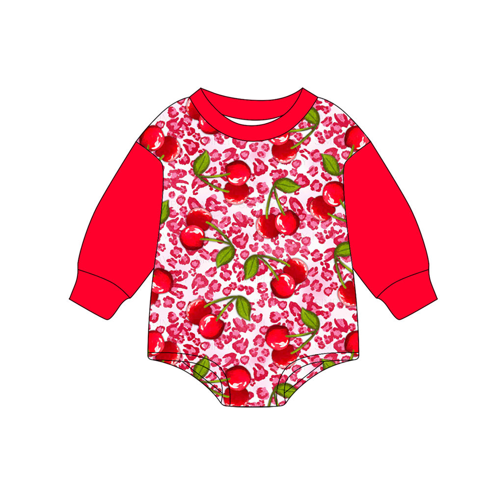 ( Moq 5 ) Preorder Baby Girl Long Sleeves Cherry Leopard Bubble Romper