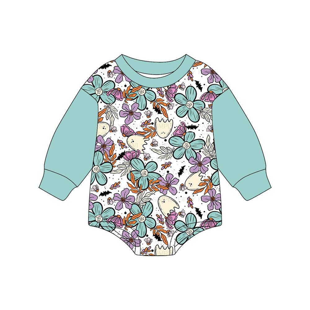 ( Moq 5 ) Preorder Baby Girl Green Long Sleeves Ghost Flower Bubble Romper
