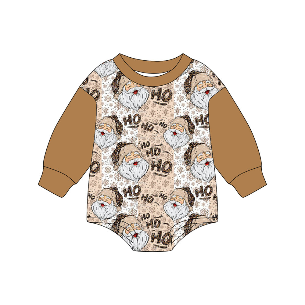 ( Moq 5 ）Preorder Baby Girl Brown Long Sleeves Santa Christmas Bubble Romper