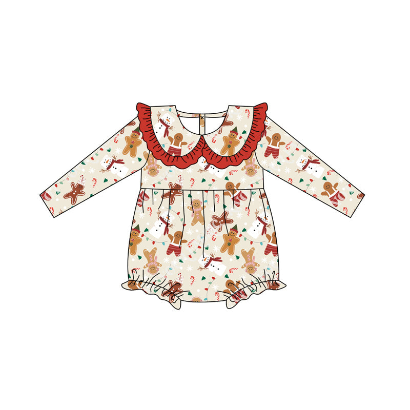 ( Moq 5 ) Preorder Baby Girl Long Sleeves Gingerbread Snowman Christmas Ruffle Bubble Romper