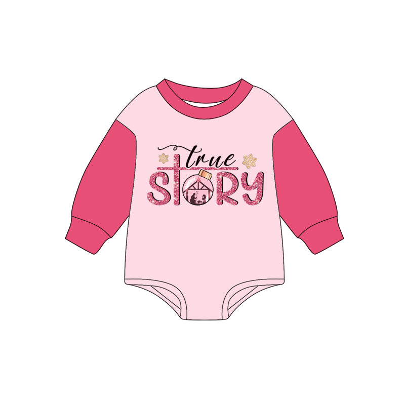 ( Moq 5 ) Preorder Baby Girl Pink Long Sleeves True Story Christmas Bubble Romper