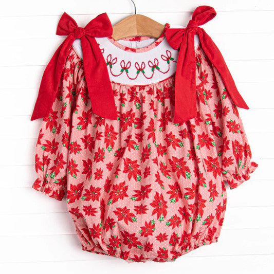 ( Moq 5 ) Preorder Baby Girl Long Sleeves Bows Red Flower Christmas Bubble Romper