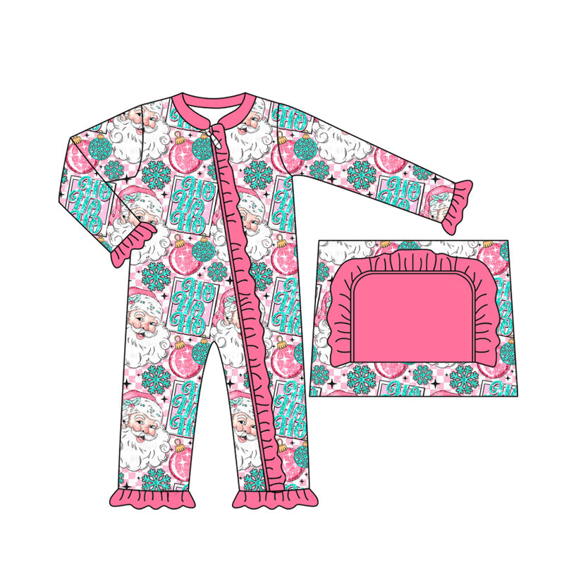 ( Moq 5 ) Preorder Baby Girl Long Sleeves Santa Plaid Christmas Pink Zipper Ruffle Romper