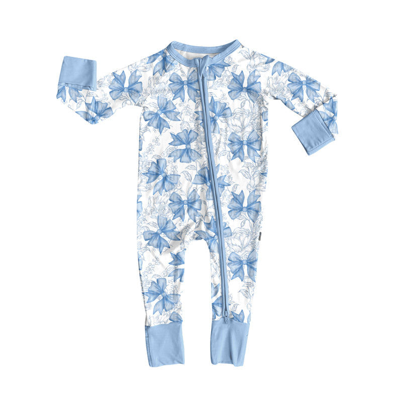 ( Moq 5 ) Preorder Baby Girl Long Sleeves Blue Bows Flower Zipper Romper