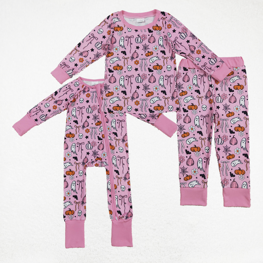 Baby Girl Long Sleeves Ghost Pumpkins Bows Flower Sibling Halloween Pajamas Romper Set RTS