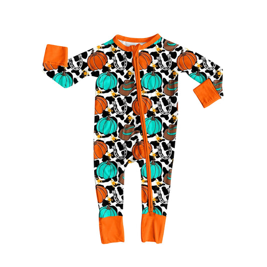 ( Moq 5 ) Preorder Baby Kids Infant Long Sleeves Pumpkins Western Cow Print Fall Zipper Pajamas Romper