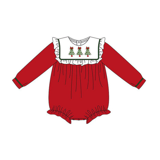( Moq 5 ) Preorder Baby Girl Red Long Sleeves Tree Bows Christmas Ruffle Bubble Romper